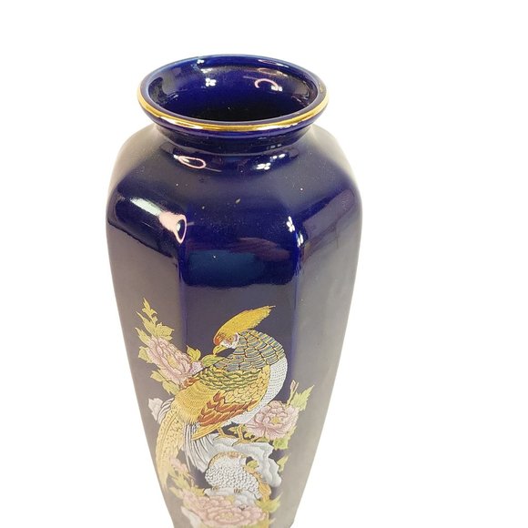 Asian Vase Pheasants Peonies Gold Gilt Trim Octagon Shape VIntage Home Decor 11" - Picture 3 of 7